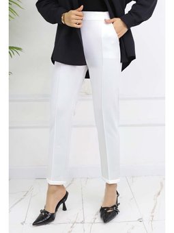 Çift Düğme Detaylı Cepli Havuç Beyaz Pantolon