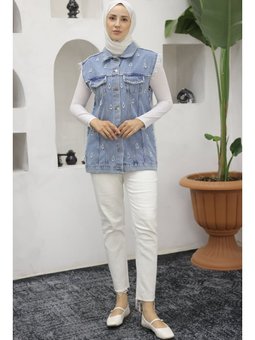 İnci Detaylı Kot Mavi Yelek