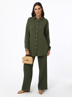 Haki Pamuklu Müslin Kumaş Sedef Düğmeli Bluz / Gömlek