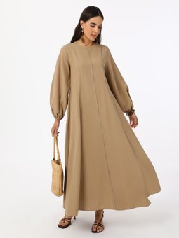Keten Karışımlı Dikiş Detaylı Camel Elbise