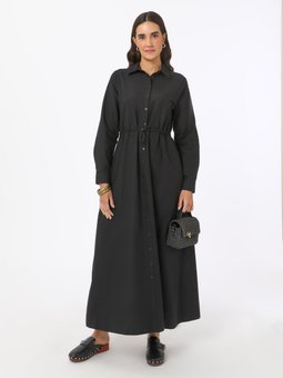Pamuklu Belden Bağlama Detaylı Poplin Siyah Elbise