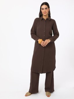 Pamuklu Müslin Kumaş Bağlama Detaylı Kahverengi Pantolon