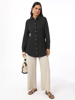 Siyah Pamuklu Müslin Kumaş Sedef Düğmeli Bluz / Gömlek