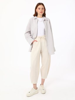 Viskoz Karışımlı Beli Lastikli Nervürlü Ekru Pantolon