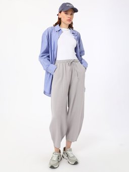 Viskoz Karışımlı Beli Lastikli Nervürlü Gri Pantolon