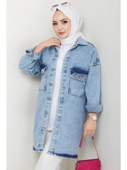 Kuş Gözlü Kot Buz Mavi Ceket