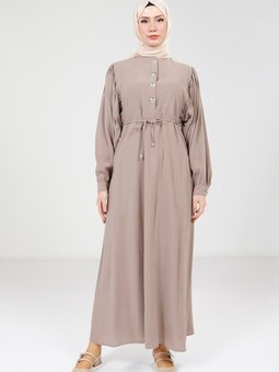 Bej Düğme Detaylı Modal Elbise