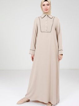 Bej Nervür Detaylı Elbise