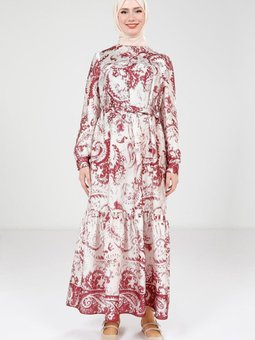 Bordo Baskılı Kemerli Elbise