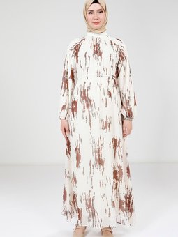 Kahve Baskılı Beyaz Elbise
