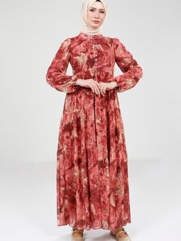 Kırmızı Baskılı Düğmeli Elbise