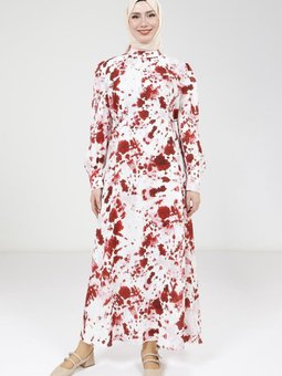 Kırmızı Seyyar Kemerli Baskılı Elbise