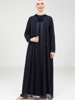 Lacivert Taş Detaylı Şifon Abaya Takım