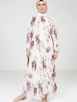 Mürdüm Baskılı Beyaz Elbise