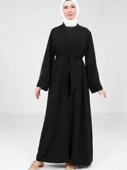 Siyah Serpme Taş Detaylı Abaya Takım
