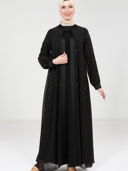 Siyah Taş Detaylı Şifon Abaya Takım