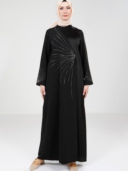 Siyah Taş Süslemeli Abiye Elbise