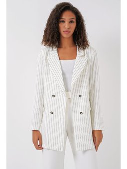 Çift Düğmeli Çizgili Blazer Beyaz Ceket