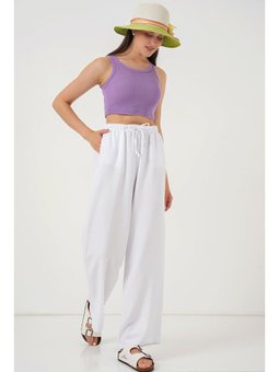 Geniş Paça Keten Beyaz Pantolon