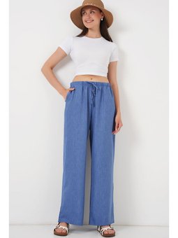 Geniş Paça Keten İndigo Pantolon