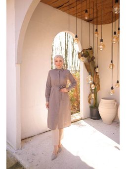 Belden Bağcıklı Düpmeli Uzun Tunik Vizon Gömlek