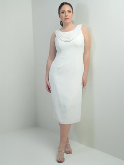Ekru Degaje Yaka Taş Detaylı Astarlı Büyük Beden Krep Midi Abiye Elbise
