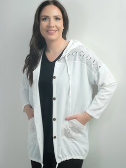 Kapüşonlu Önü Düğmeli Cepli Fistolu Büyük Beden Ekru Hırka