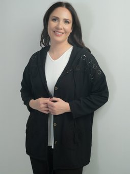 Kapüşonlu Önü Düğmeli Cepli Fistolu Büyük Beden Siyah Hırka