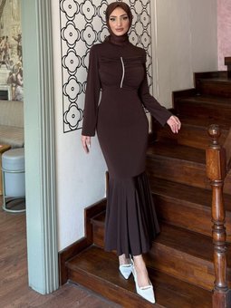 Kahverengi Erva Taşlı Kahve Abiye Elbise
