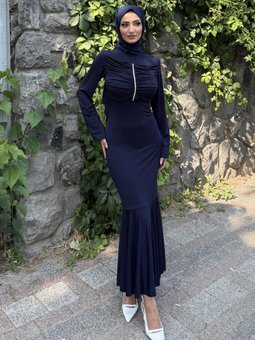 Lacivert Erva Taşlı Abiye Elbise