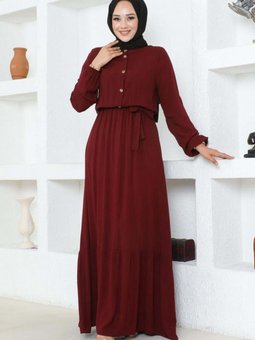 Bordo Düğme Detaylı Viskon Elbise