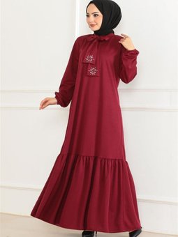 Bordo Taş Detaylı Elbise