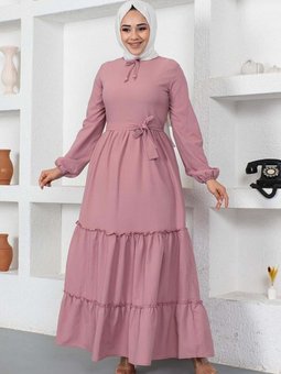 Gül Kurusu Yakası Bağcıklı Patlı Elbise