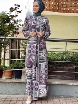 Mürdüm A Pileli Desenli Elbise