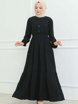 Siyah Düğme Detaylı Kırınkıl Elbise