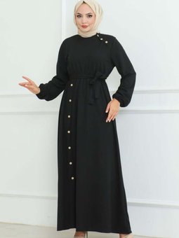 Siyah Omuz Detaylı Düğmeli Elbise