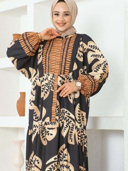 Siyah Tropikal Desenli Elbise