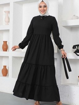 Siyah Yakası Bağcıklı Patlı Elbise