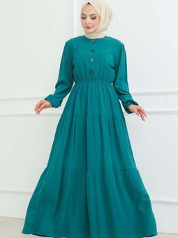 Zümrüt Yeşili Düğme Detaylı Kırınkıl Elbise