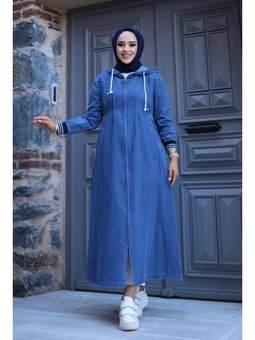 Fermuarlı Cepli Kapüşonlu Kol Ribanalı Denim Kot Kap