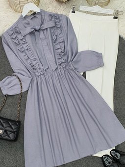 Açık Gri Yakası Bağcıklı Fırfırlı Ayrobin Tunik