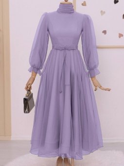 Açık Lila Kabarık Kol Ve Etekli Kuşaklı Tül Abiye Elbise