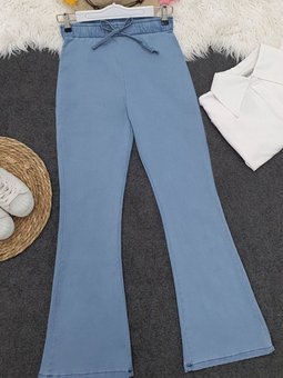 Açık Mavi İspanyol Paça Bağcık Detaylı Kot Pantolon