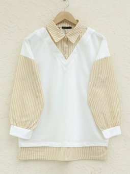 Açık Vizon Çizgili Gömlek Detaylı Sweat Tunik