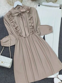 Açık Vizon Yakası Bağcıklı Fırfırlı Ayrobin Tunik