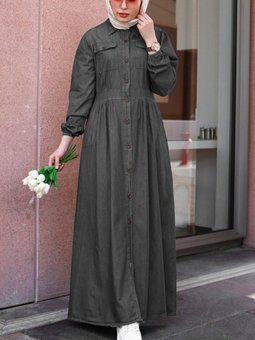 Antrasit Kolu Lastikli Boydan Düğmeli Çift Cepli Kot Elbise
