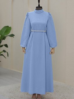 Bebe Mavi Hakim Yaka Balon Kol Kemerli Elbise