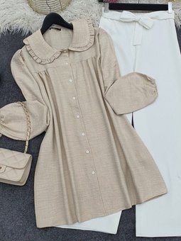 Bej Bebe Yaka Boydan Düğmeli Tunik