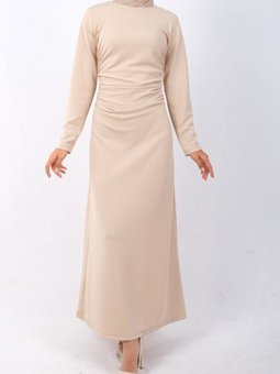 Bej Belden Büzgülü Örme Krep Likralı Elbise