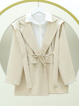 Bej Cep Detaylı Beli Bağlamalı Ceket